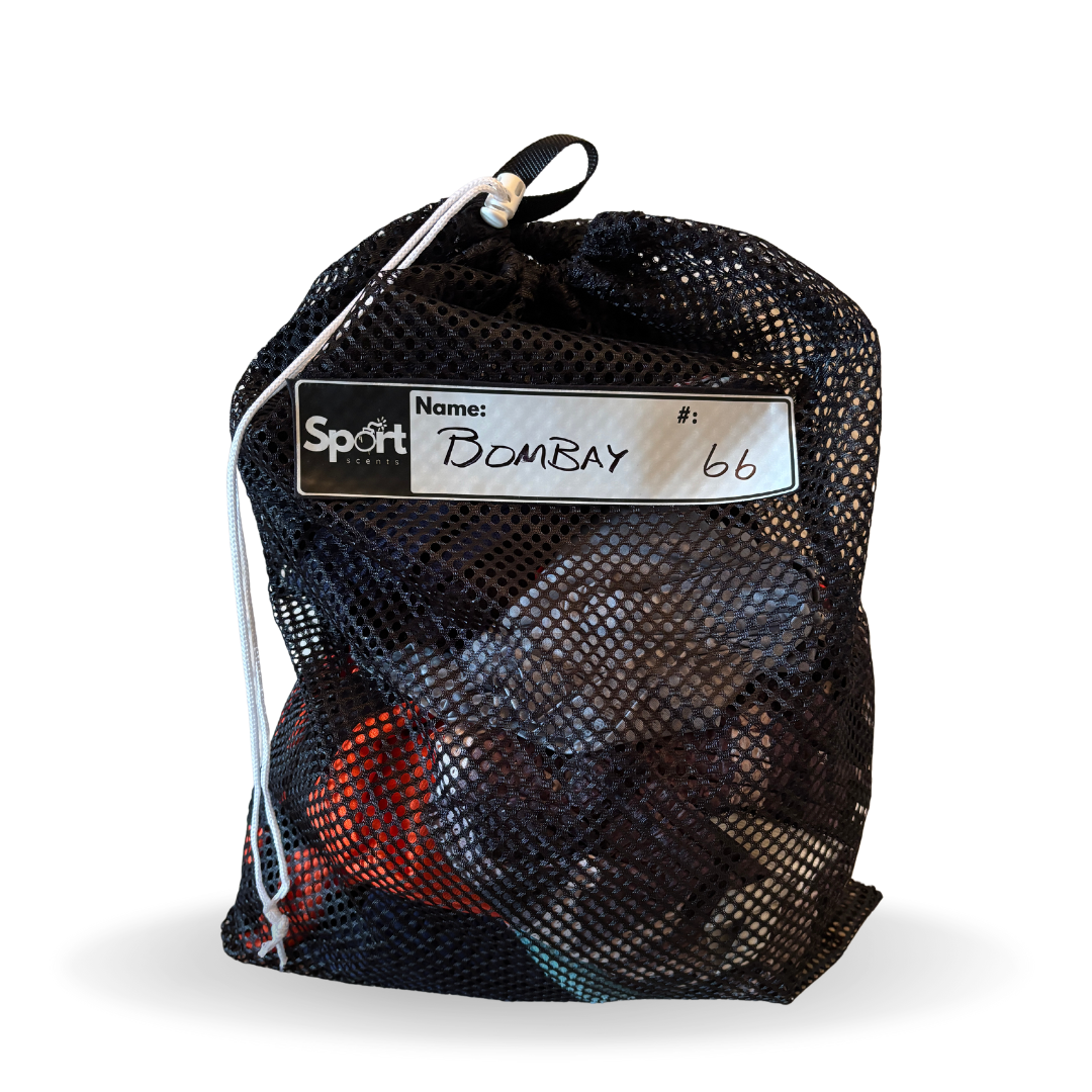 Durable mesh laundry perfect for sport clothing. Individual image of the drawstring variation containing a durable hook, heavy duty mesh and a durable personalized name tag. 