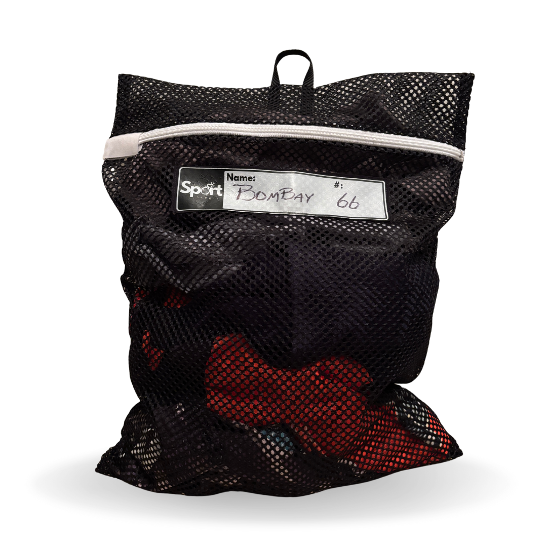 Durable mesh laundry perfect for sport clothing. Individual image of the dzipper variation containing a durable hook, heavy duty mesh and a durable personalized name tag. 