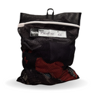 Durable mesh laundry perfect for sport clothing. Individual image of the dzipper variation containing a durable hook, heavy duty mesh and a durable personalized name tag. 