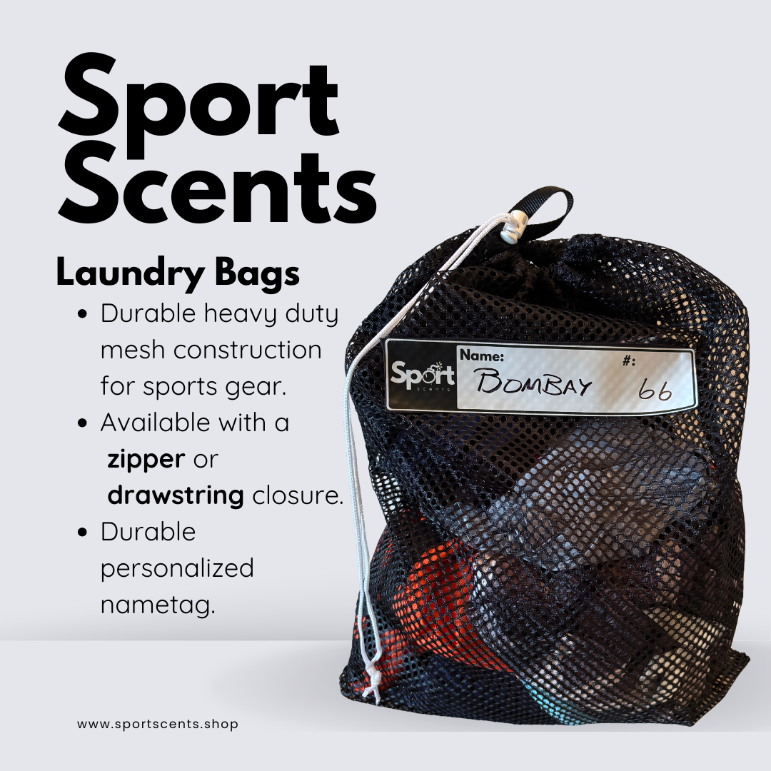 Durable mesh laundry perfect for sport clothing. This variation has a drawstring, a durable hook, heavy duty mesh and a durable personalized name tag. 
