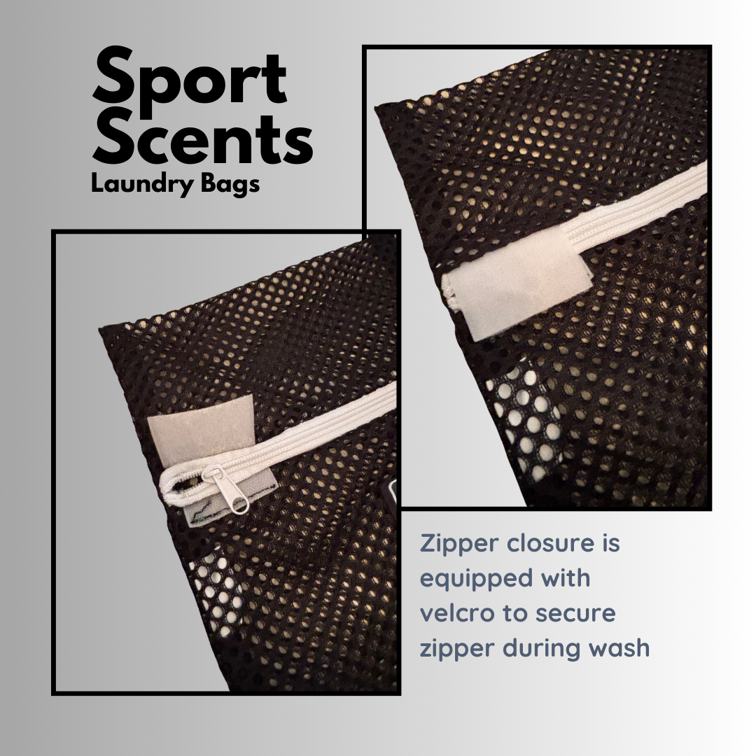 Durable mesh laundry perfect for sport clothing. This image describes the velcro that protects the zipper from damage while washing. 